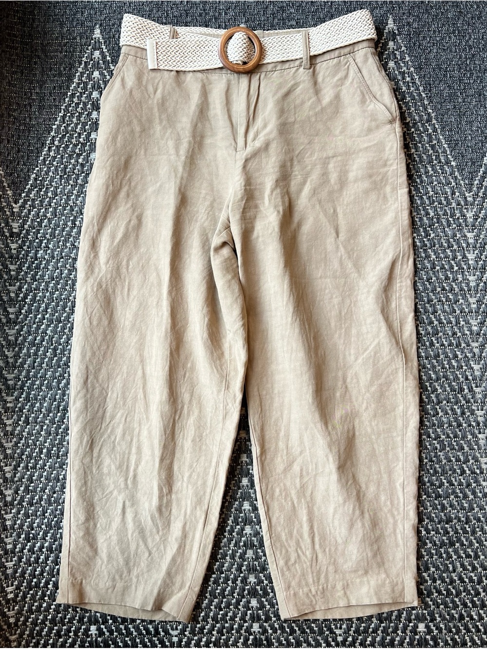 Zara Women Pants Khaki Tan Linen Woven Belt Loose Barrel Leg Crop Trouser sz M